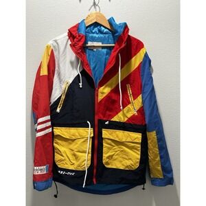 Reason Brand Jacket Mens Large Red Blue Hooded Pullover Windbreaker Colorblock